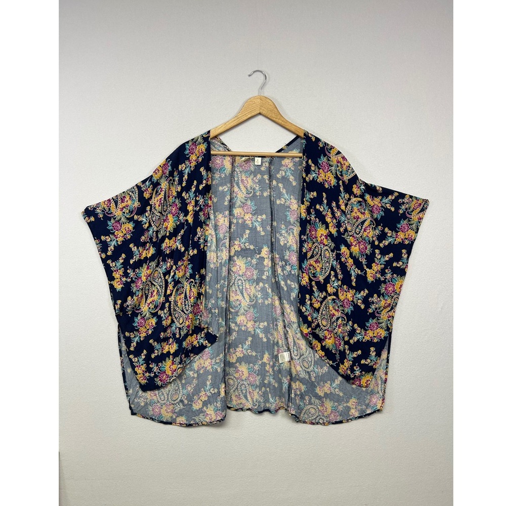 Boho Birdcage Womens Small Navy Floral Paisley Rayon Open Front Kimono Cardigan